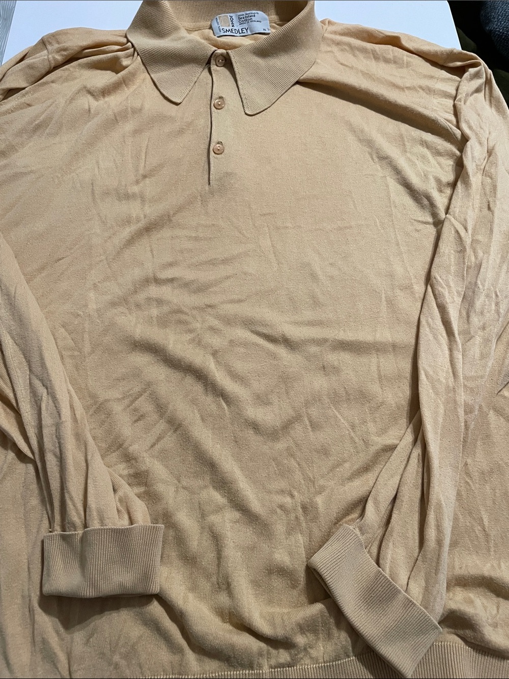 John Smedley Men's Long-Sleeve Polo in Beige Sea Island Cotton